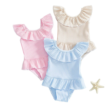 Citgeett Summer Kids Toddler Girl Swimsuit Stripes Print Ruffle Sleeveless Skirt Bathing Suit Swimwear Clothes.
