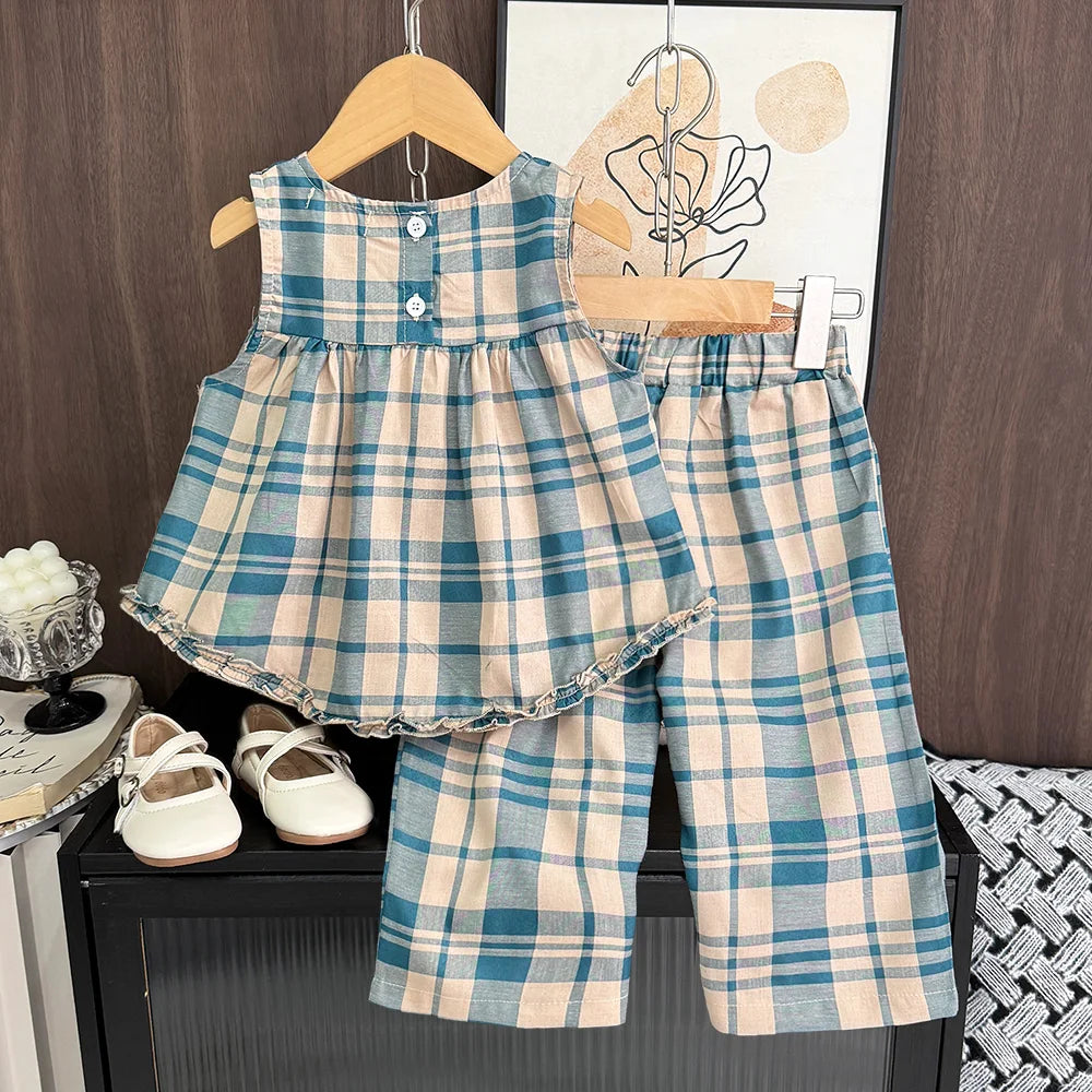 Summer 2-7 Years Girls Fashion Sleeveless O-Neck Ruffled Plaid Print Tank Top + Shorts 2 Pcs Set Kids Casual Cute Outfit Clothes.