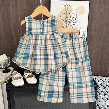 Summer 2-7 Years Girls Fashion Sleeveless O-Neck Ruffled Plaid Print Tank Top + Shorts 2 Pcs Set Kids Casual Cute Outfit Clothes.