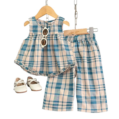 Summer 2-7 Years Girls Fashion Sleeveless O-Neck Ruffled Plaid Print Tank Top + Shorts 2 Pcs Set Kids Casual Cute Outfit Clothes.