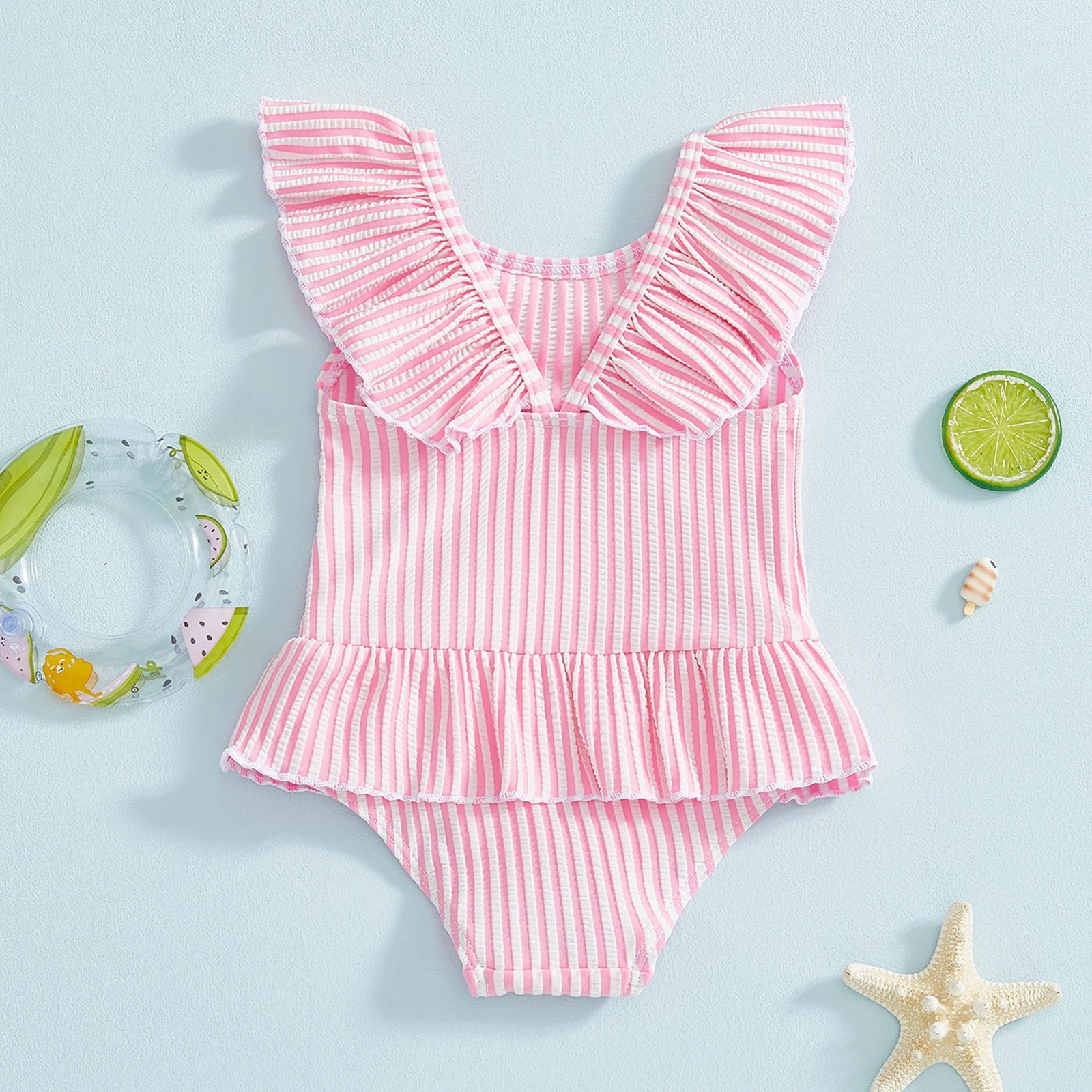 Citgeett Summer Kids Toddler Girl Swimsuit Stripes Print Ruffle Sleeveless Skirt Bathing Suit Swimwear Clothes.