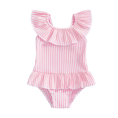 Citgeett Summer Kids Toddler Girl Swimsuit Stripes Print Ruffle Sleeveless Skirt Bathing Suit Swimwear Clothes.