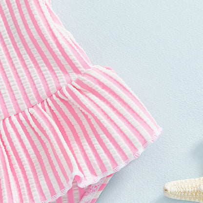 Citgeett Summer Kids Toddler Girl Swimsuit Stripes Print Ruffle Sleeveless Skirt Bathing Suit Swimwear Clothes.