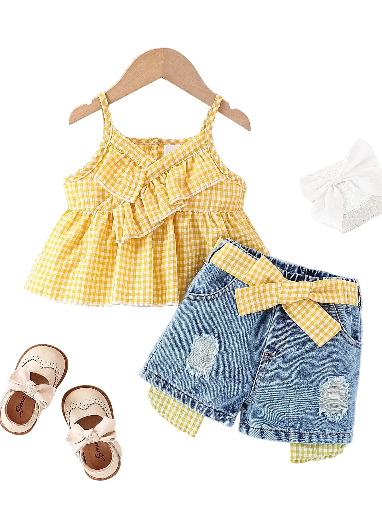Conjunto Menina Top Xadrez e Calções de Ganga